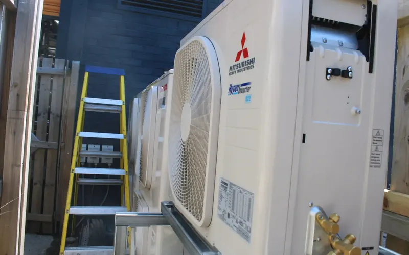 Mitsubishi outdoor units on a rack, Brighton Film Studios installation