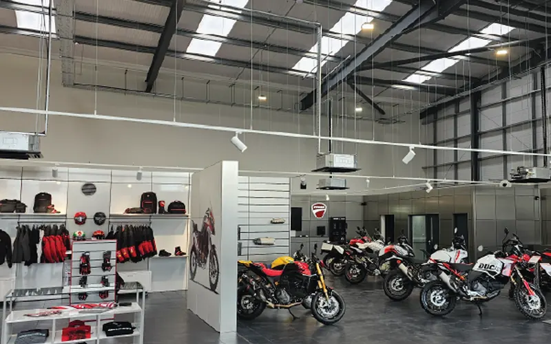 Ducati showroom in Hailsham with ceiling-mounted air conditioning above the display floor