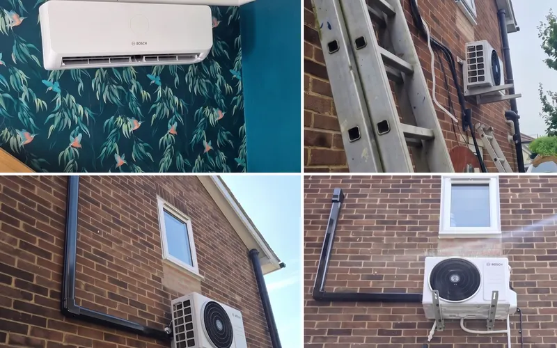 Four photos of finished installs: a wall-mounted indoor unit on a feature wall and three outdoor units on brick walls