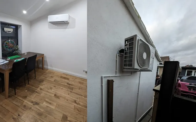 Wall-mounted indoor unit in a room and the outdoor unit on the wall outside