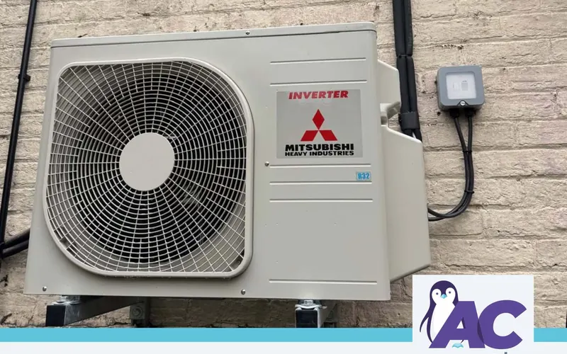 Mitsubishi Heavy Industries outdoor unit on a brick wall at a small cottage (multi split installation)
