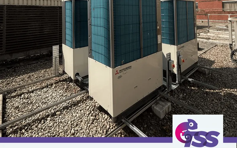 Mitsubishi outdoor condensing units on the roof at Brighton Centre during the air conditioning upgrade